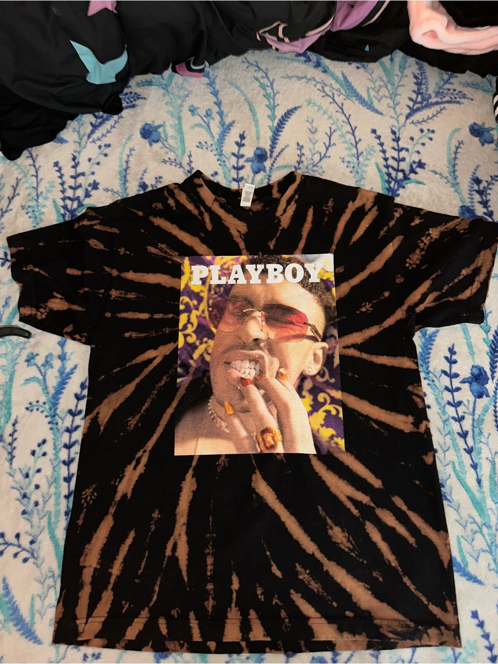 PLAYBOY Black Tee with Brown Tie-Dye & Bold Graphic